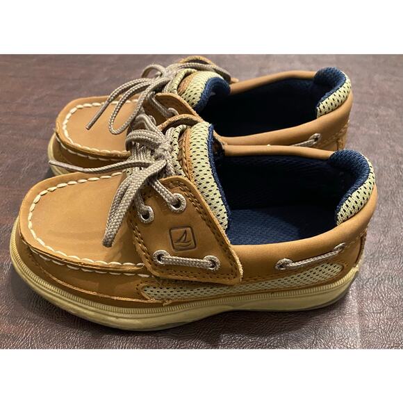 Sperry Top-Sider Kids Boat Shoes Tan Leather 9M Youth Slip-On Hook & Loop - Picture 1 of 6